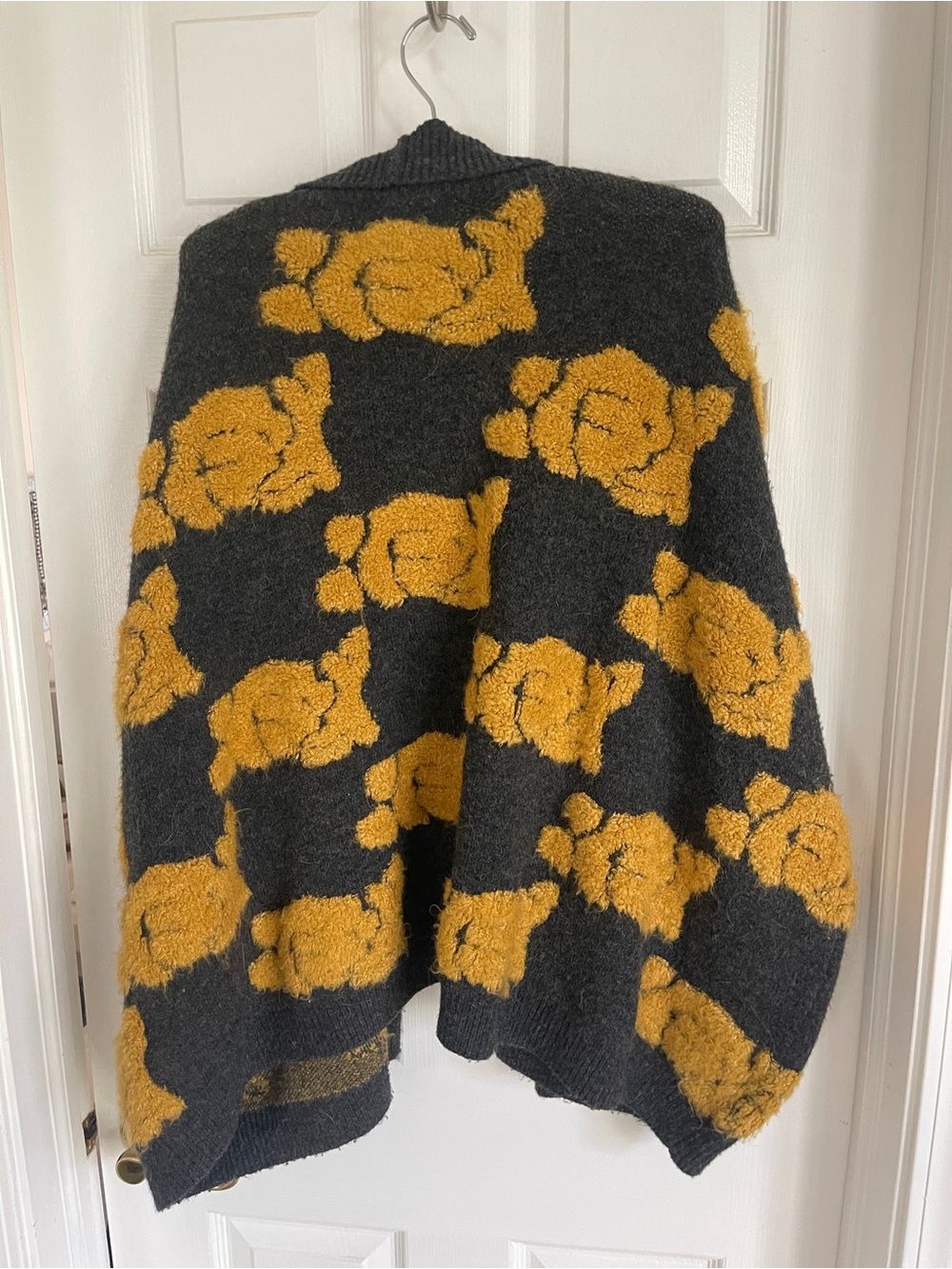 Anthropologie Charcoal Gray Open-Front Cardigan with Mustard Floral Texture - Picture 3 of 4